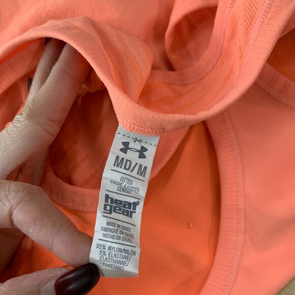 Under Armour Heat Gear Tank Top Women's Size M Neon Orange Fitted Racerback Tee - Picture 7 of 9